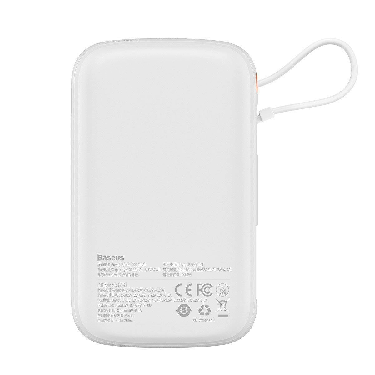 Baseus Qpow Digital 20W Power Bank 10000mAh με 1 Θύρα USB και 1 Θύρα Type-C και Ενσωματωμένο Καλώδιο Lightning - White - PPQD060002
