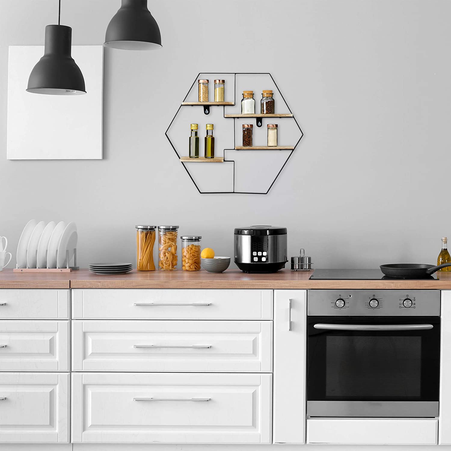 Relaxdays Διακοσμητικό Ράφι Τοίχου με 4 Διαμερίσματα σε Σχήμα Εξαγώνου - 52 x 60 x 12 cm - Natural - 4052025289294