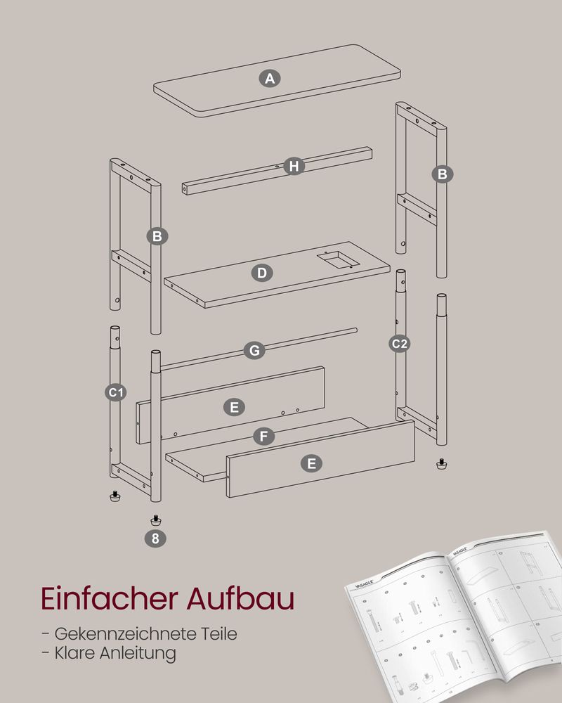 Vasagle Στενό Βοηθητικό Τραπεζάκι με Ενσωματωμένο Πολύπριζο με 1 Θύρα AC και 2 Θύρες USB - Ebony Black / Ink Black - LET335B02