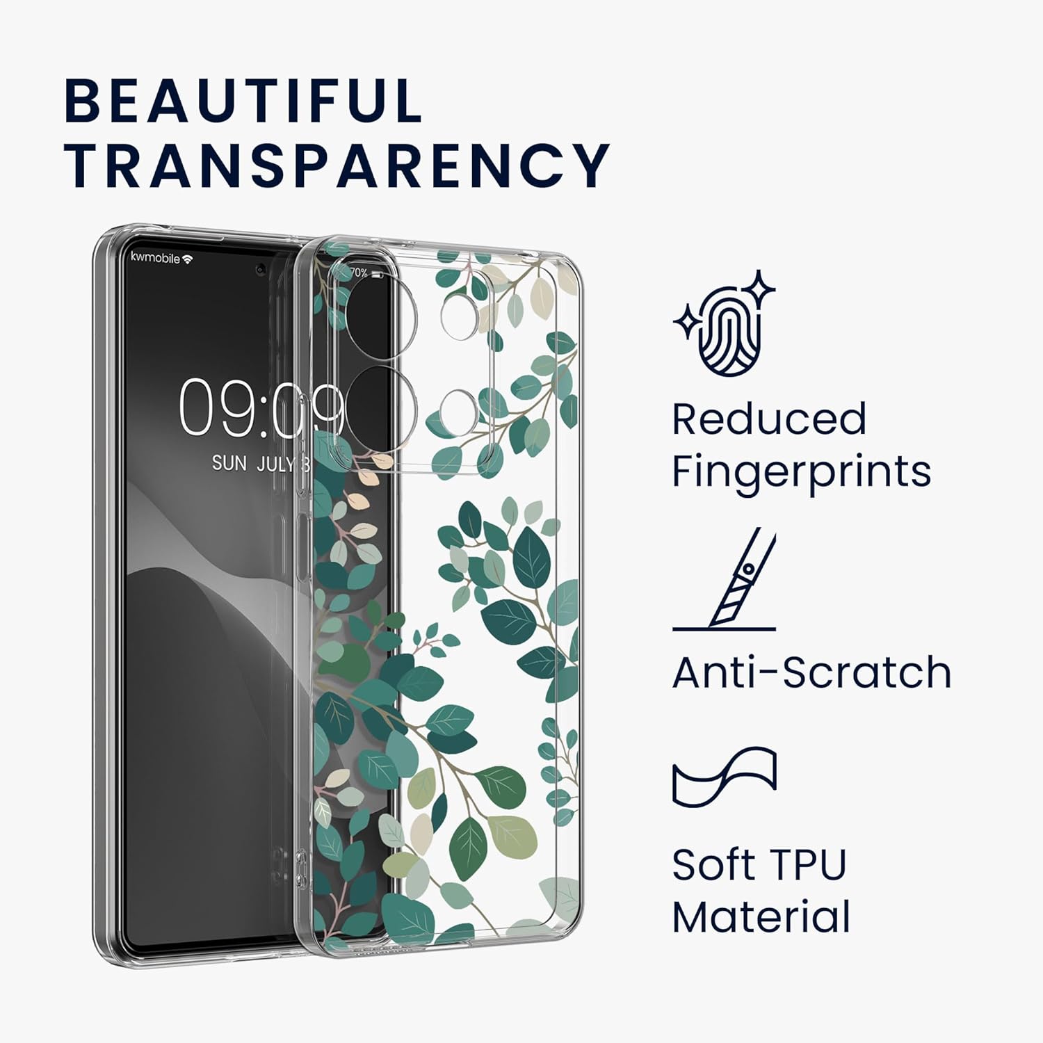 KW Xiaomi Redmi Note 13 5G Θήκη Σιλικόνης TPU με Αντιχαρακτικό Γυαλί - Design Spring Leaves - Green / Διάφανη