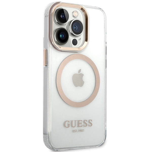 Guess iPhone 15 Pro Metal Outline MagSafe Σκληρή Θήκη με Πλαίσιο Σιλικόνης και MagSafe - Gold - GUHMP15LHTRMD