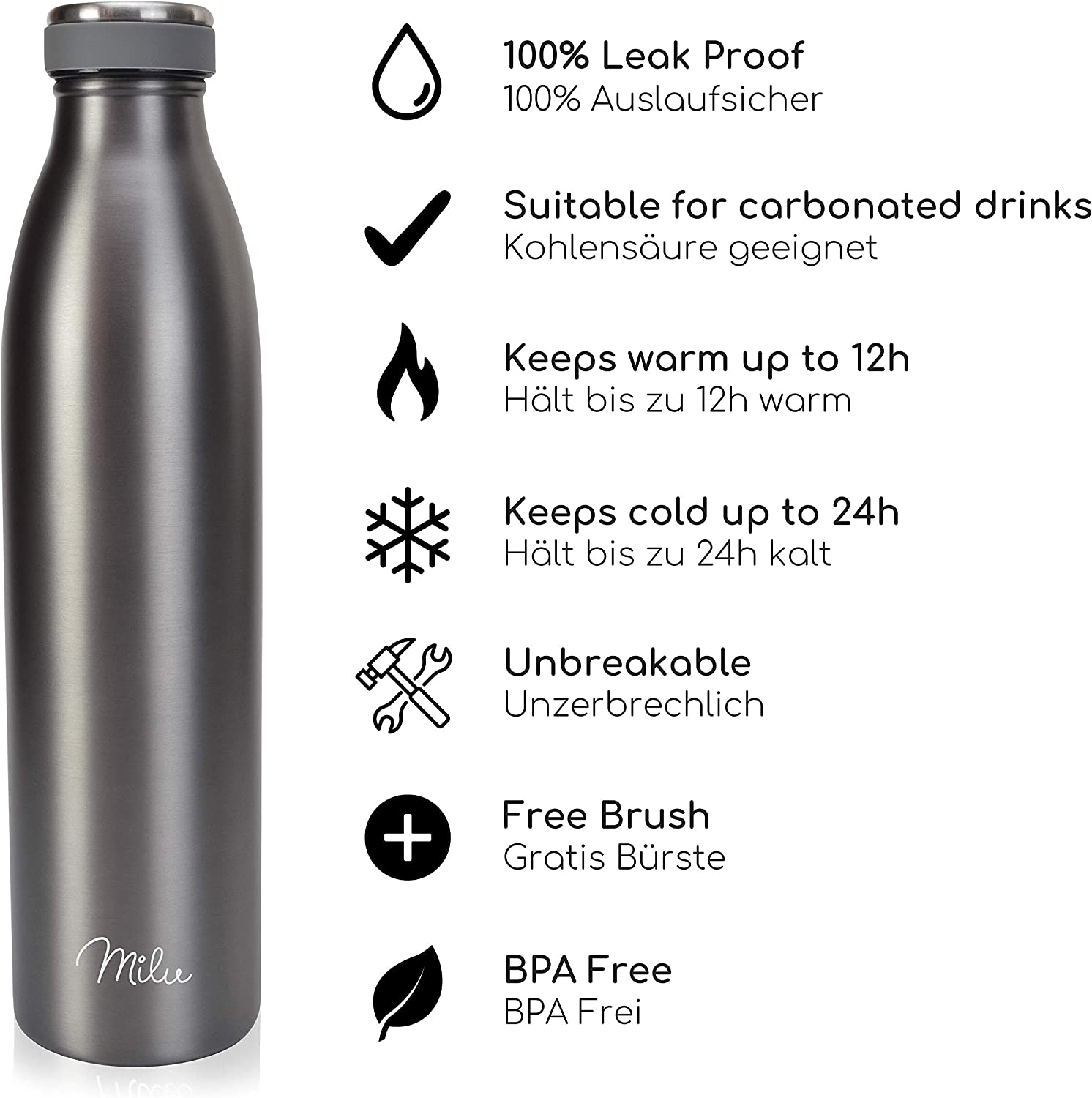 Milu T5 Stainless Steel Μπουκάλι Θερμός από Ανοξείδωτο Ατσάλι για Ζεστά και Κρύα Ροφήματα - 750ml - Grey - 6451