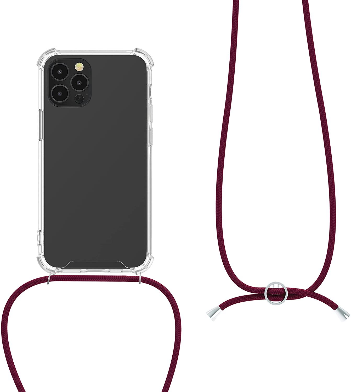 KW iPhone 12 / iPhone 12 Pro Θήκη Σιλικόνης TPU με Λουράκι - Διάφανη - Dark Red - 52730.20