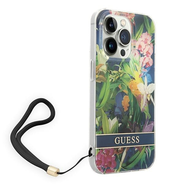 Guess iPhone 14 Pro Max Flower Strap Σκληρή Θήκη με Πλαίσιο Σιλικόνης και Λουράκι - Blue - GUOHCP14XHFLSB