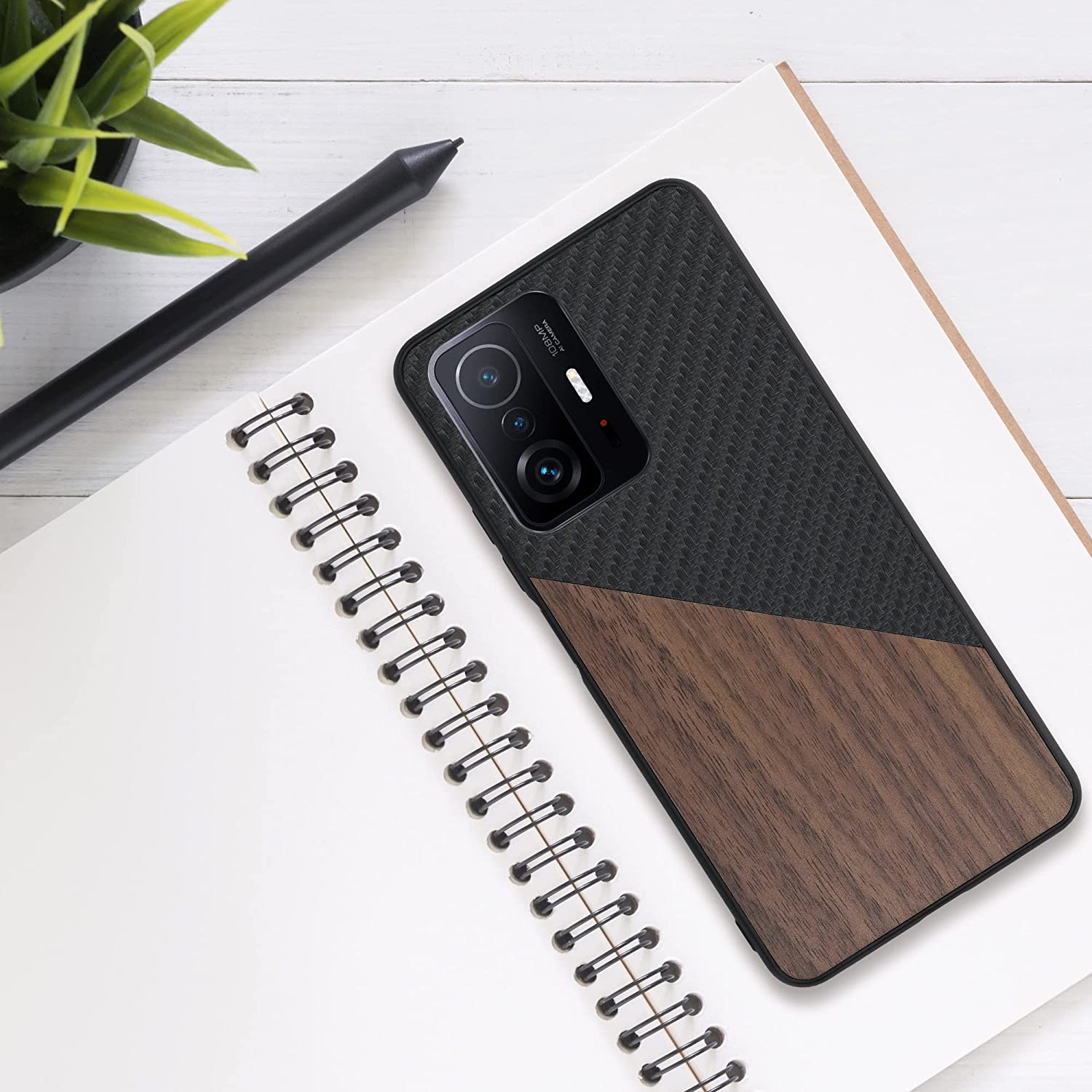 KW Xiaomi 11T / 11T Pro Θήκη από Φυσικό Ξύλο και Carbon - Black / Dark Brown - 56624.01