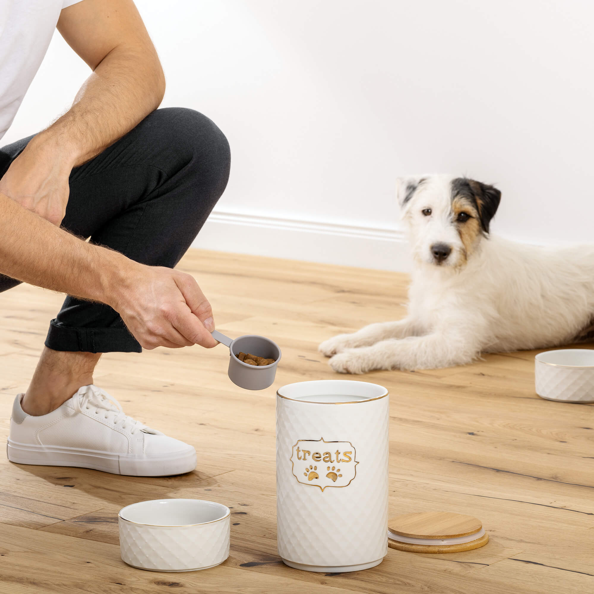 Navaris Σετ με 1 Βάζο Αποθήκευσης και 2 Κεραμικά Μπολ Λιχουδιών για Κατοικίδια - White - 57145.02