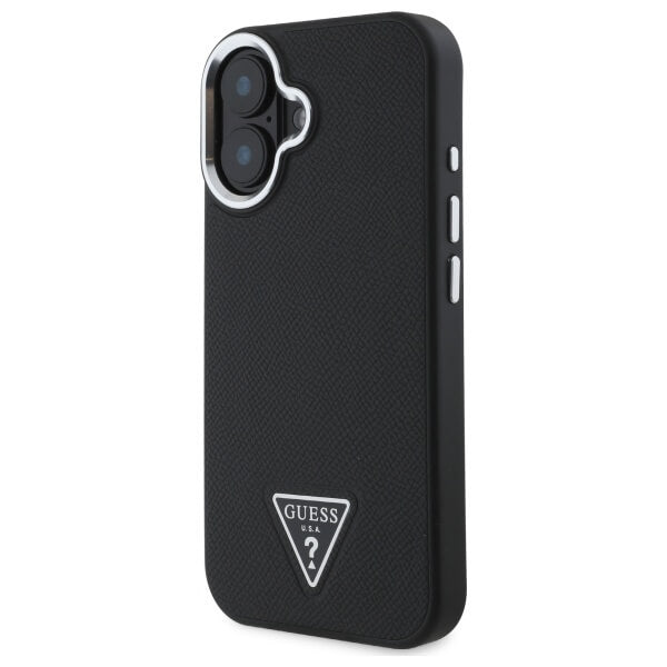 Guess iPhone 16 Plus - Grained Triangle MagSafe - Σκληρή Θήκη με Επένδυση Συνθετικού Δέρματος και Πλαίσιο Σιλικόνης - Black - GUHMP16MPGTSPSK