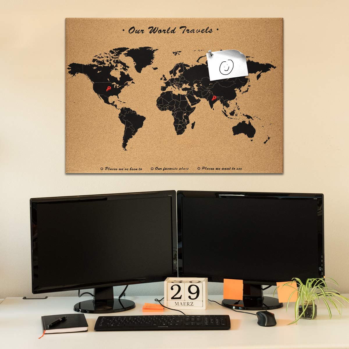 Navaris Cork Notice Board 70 x 50 cm - Πίνακας Ανακοινώσεων με Πινέζες - Design World Map - Brown - Black - 44347.01