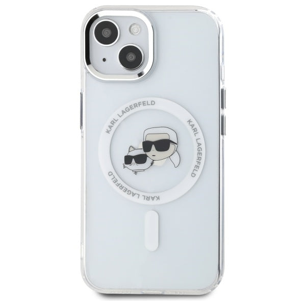 Karl Lagerfeld iPhone 15 - IML Metal Karl and Choupette Head - Σκληρή Θήκη με Πλαίσιο Σιλικόνης και MagSafe - White - KLHMP15SHLSKCH