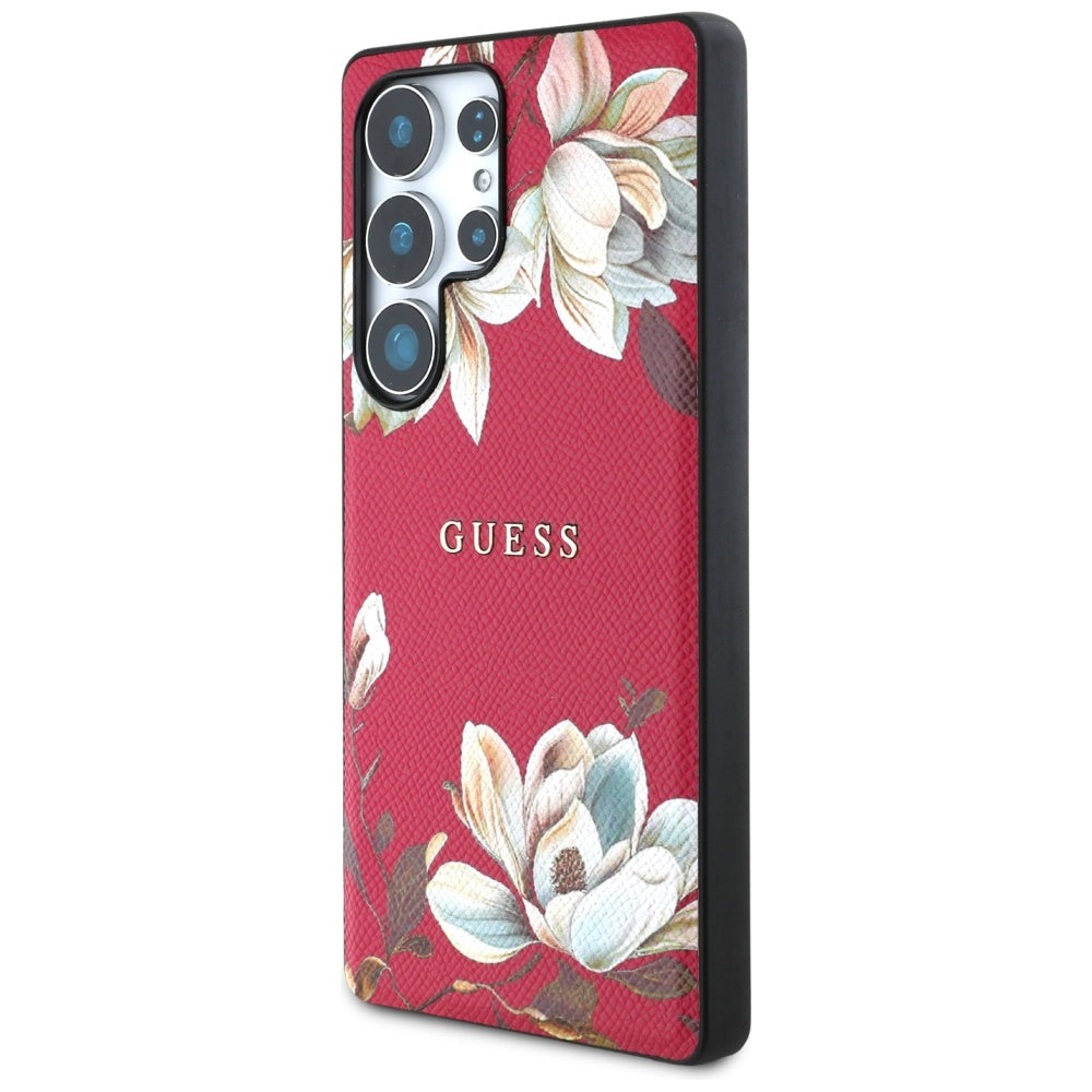 Guess Samsung Galaxy S25 Ultra - Grained Printed Flower Pattern - Θήκη με Επένδυση Συνθετικού Δέρματος και MagSafe - Fuchsia - GUHMS25LPGNMPLMF