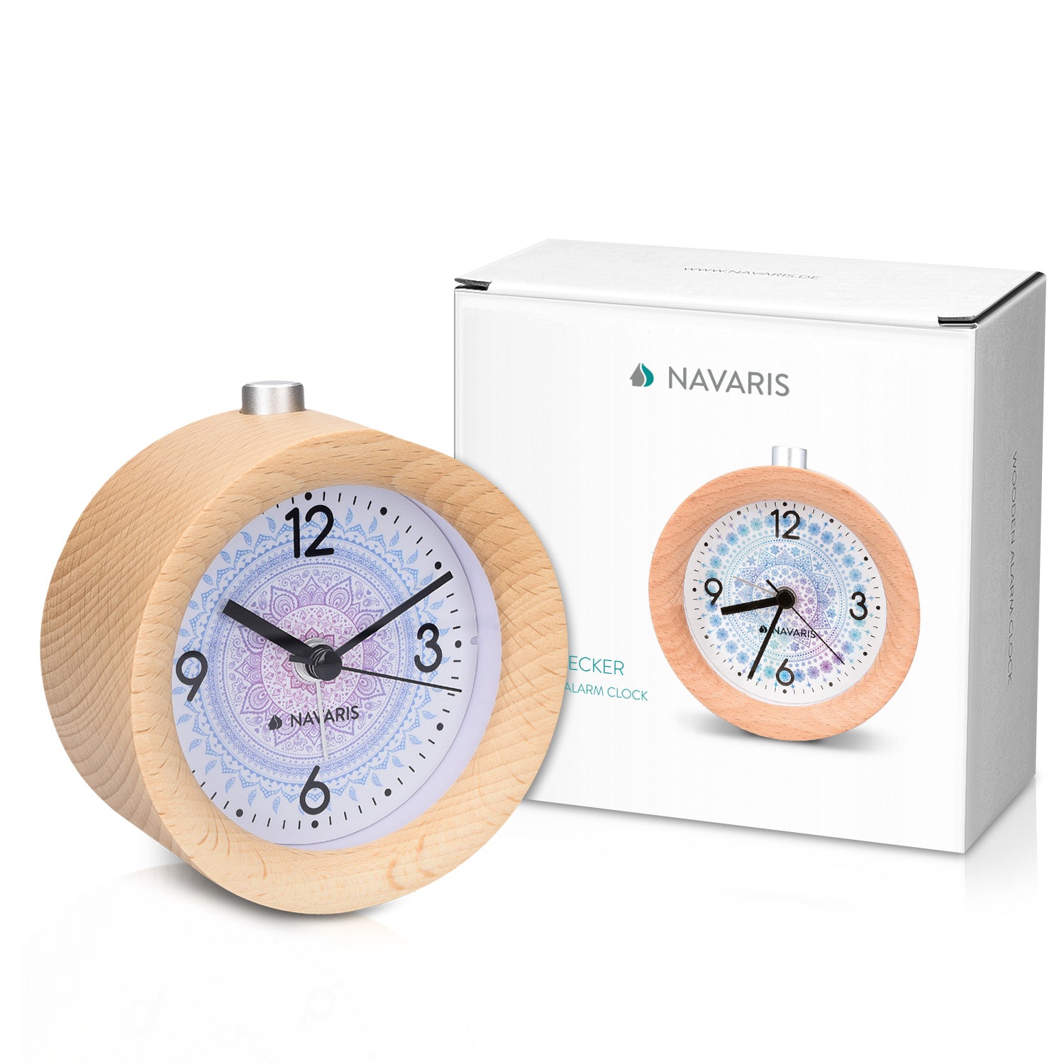 Navaris Analogue Wood Alarm Clock Design Indian Sun - Αναλογικό Επιτραπέζιο Ρολόι και Ξυπνητήρι - Light Brown - 46269.24.01