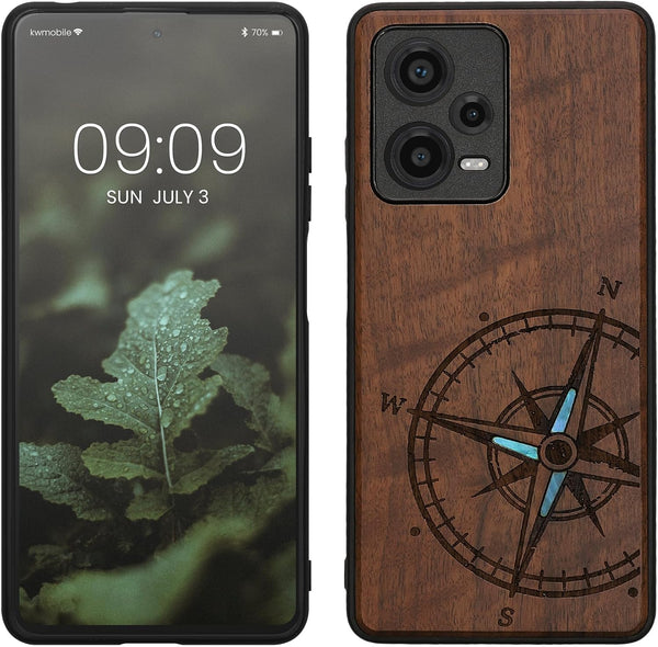 KW Xiaomi Redmi Note 12 Pro+ Θήκη από Φυσικό Ξύλο - Design Navigational Compass Mother of Pearl - Dark Brown