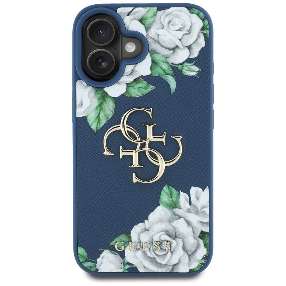 Guess iPhone 16 - Grained Roses Big 4G Logo - Σκληρή Θήκη με Επένδυση από Οικολογικό Δέρμα - Blue - GUHCP16SPGROP4MB