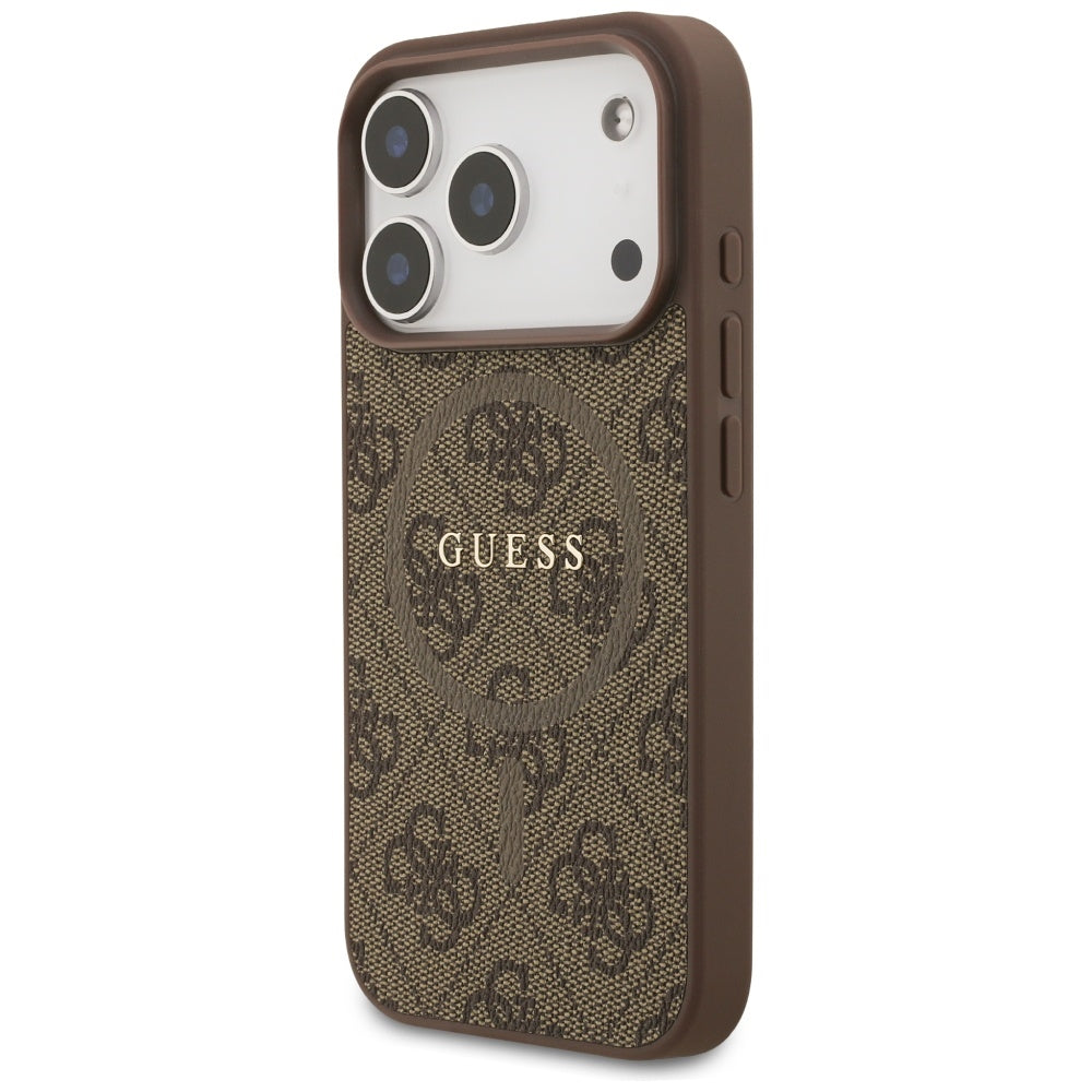Guess iPhone 17 Pro - 4G Ring Classic Logo MagSafe - Σκληρή Θήκη με Πλαίσιο Σιλικόνης και Επένδυση Συνθετικού Δέρματος - Brown - GUHMP17LG4GFRW