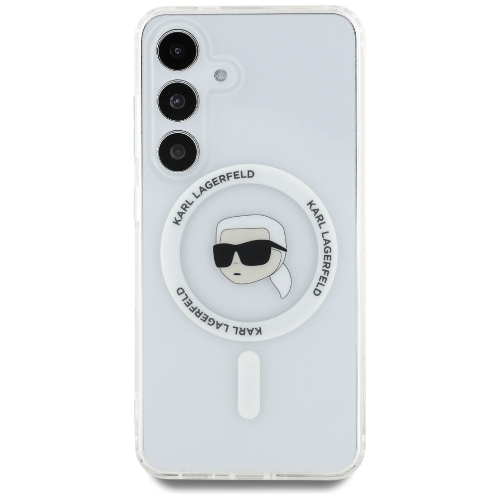 Karl Lagerfeld Samsung Galaxy S25 - Button Karl Head Printed Logo - MagSafe Σκληρή Θήκη με Πλαίσιο Σιλικόνης - White - KLHMS25SHLSKIH