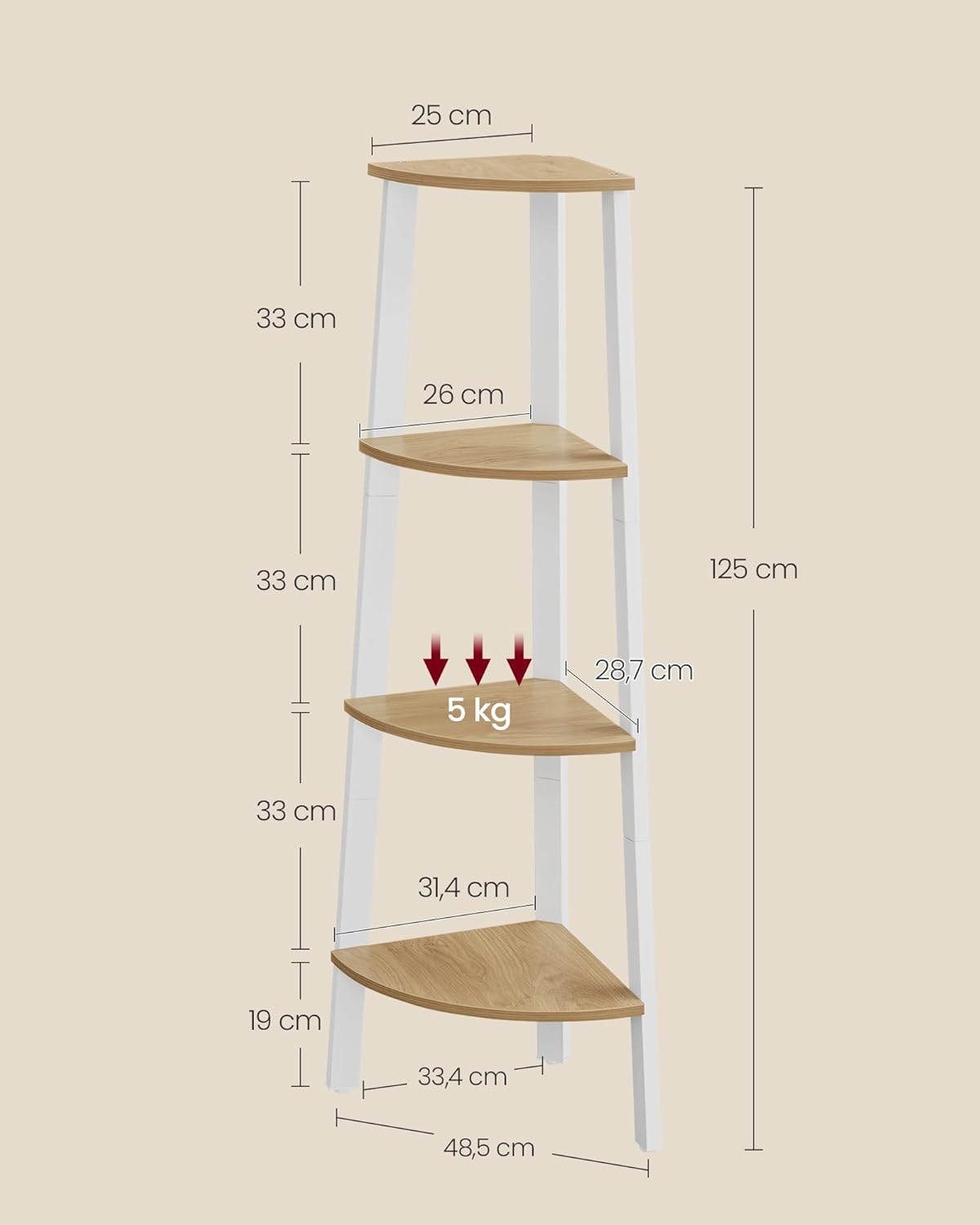 Vasagle Γωνιακή Ραφιέρα με 4 Ράφια - Natural Oak / Matte White - LLS034Y70