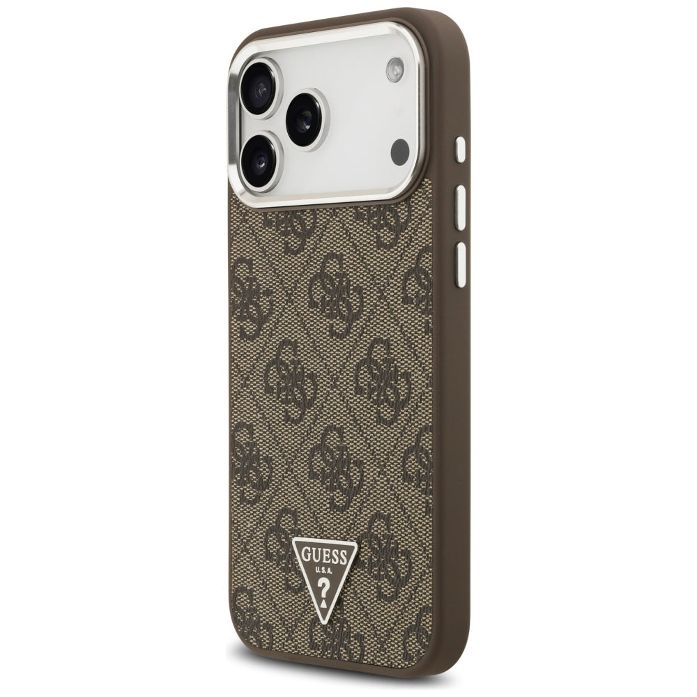 Guess iPhone 17 Pro Max - 4G Triangle Logo MagSafe - Σκληρή Θήκη με Πλαίσιο Σιλικόνης και Επένδυση Συνθετικού Δέρματος - Brown / Silver - GUHMP17XP4TSRCMW
