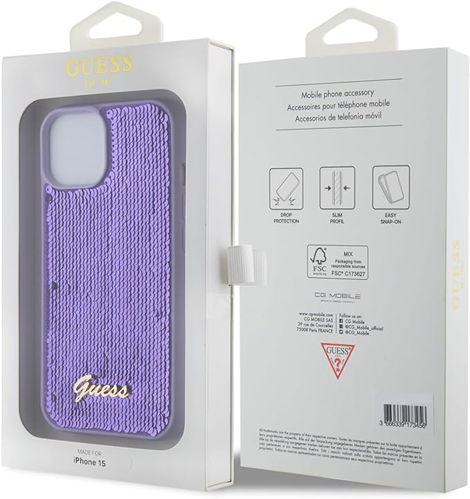 Guess iPhone 15 - Sequin Script Metal Σκληρή Θήκη με Επένδυση από Παγέτες - Purple - GUHCP15SPSFDGSU