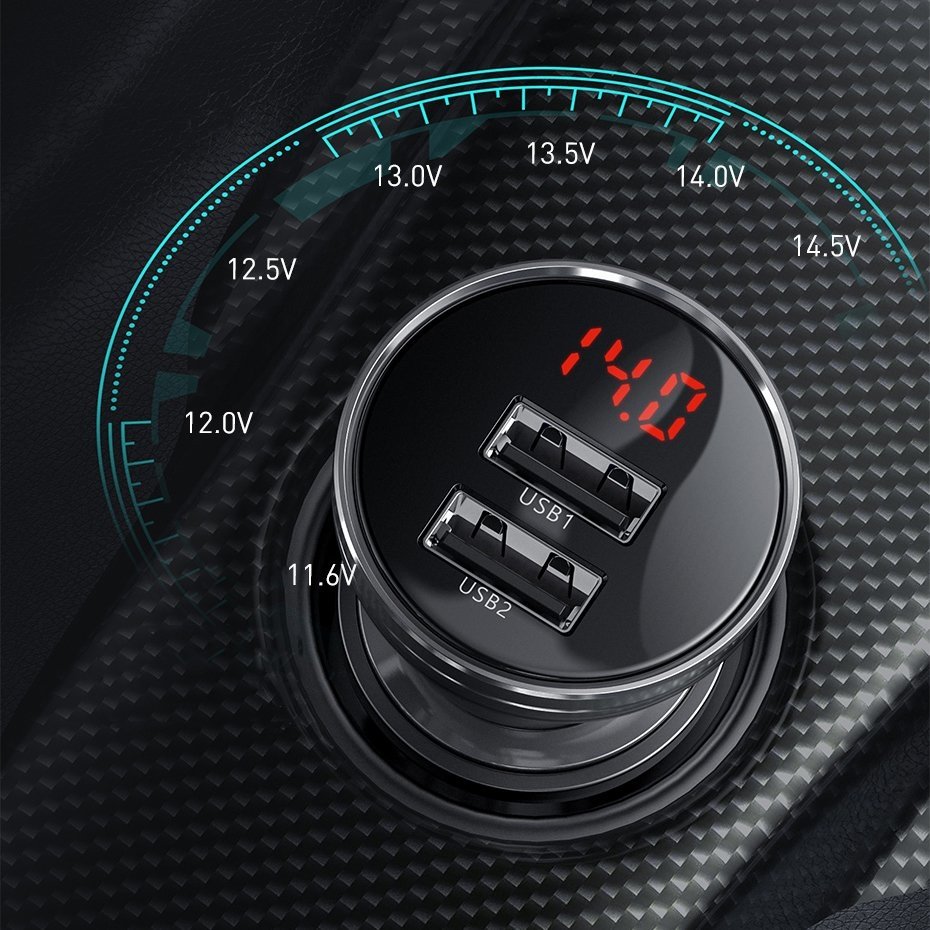 Baseus Digital Display Φορτιστής Αυτοκινήτου 4.8A με Δύο Θύρες USB και Καλώδιο Lightning / Type-C / Micro USB - Black - TZCCBX-0G