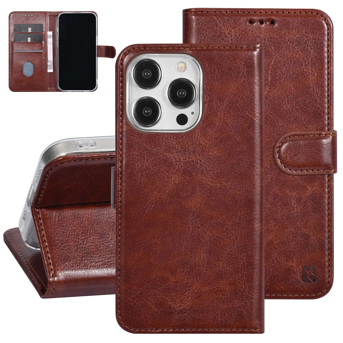 Tuniq iPhone 15 Pro - Θήκη Πορτοφόλι Stand από Δερματίνη - Καφέ