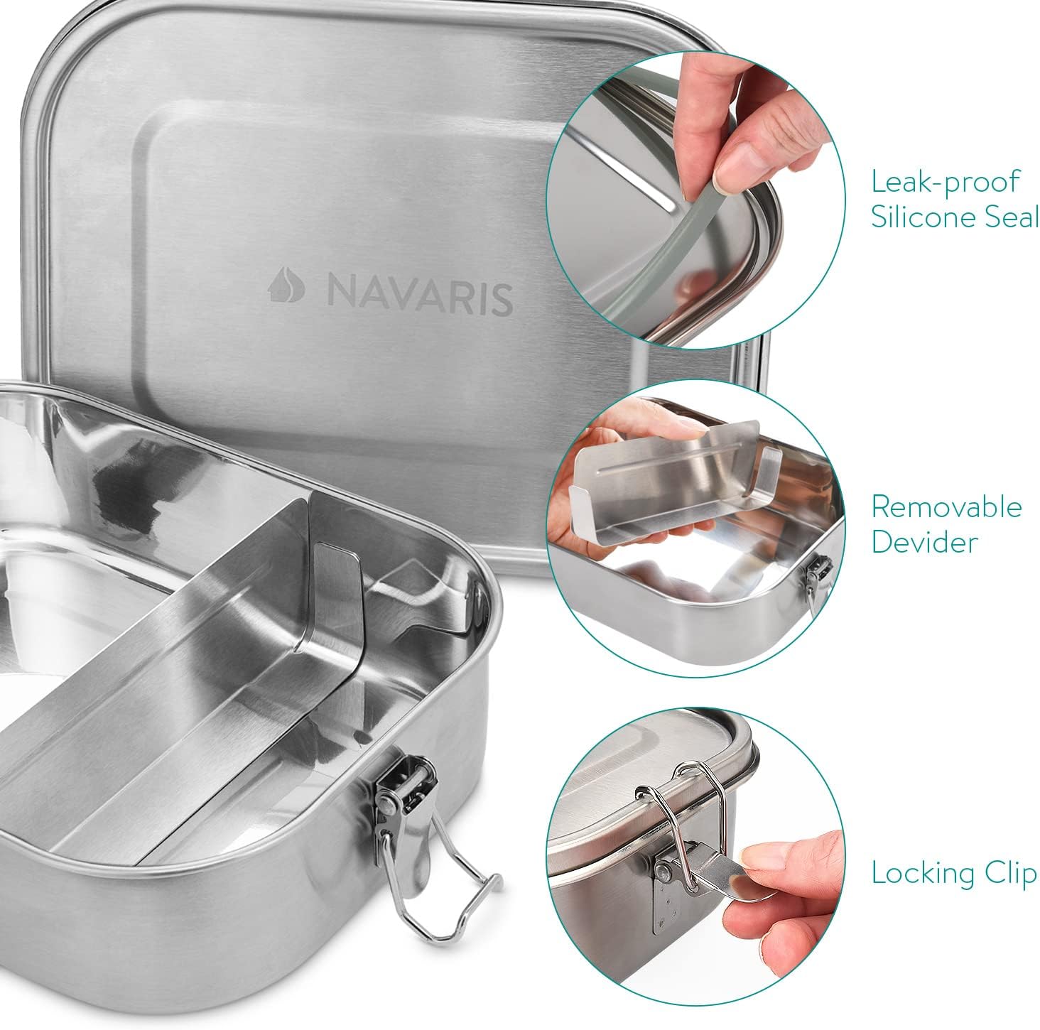 Navaris Steel Lunch Box with Divider Δοχείο Αποθήκευσης Φαγητού με Διαιρέτη - Silver - 50788.01