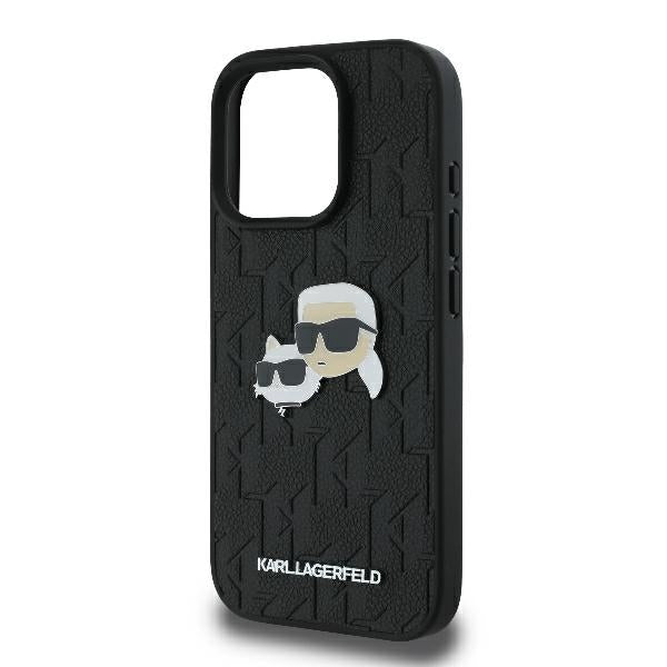Karl Lagerfeld iPhone 16 Pro - Monogram Karl and Choupette Head Pin Σκληρή Θήκη με Επένδυση Συνθετικού Δέρματος - Black - KLHCP16LPGKLKCPK