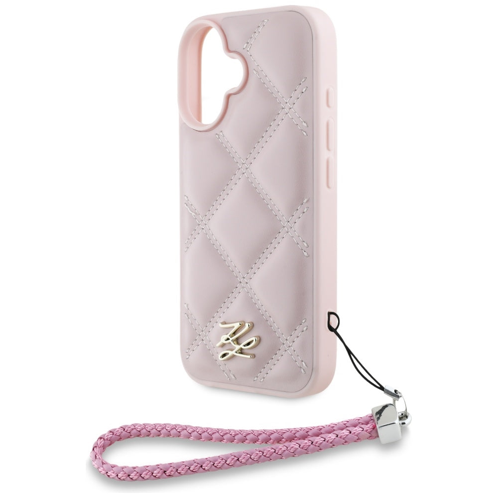 Karl Lagerfeld iPhone 16 - Quilted Initial Logo and Chain Strap - Θήκη με Επένδυση Συνθετικού Δέρματος και Λουράκι - Pink - KLHCP16SPSQSKLSMSP