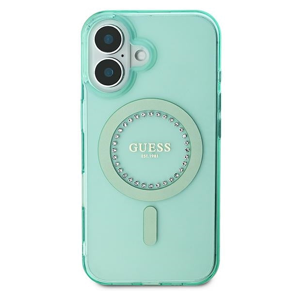 Guess iPhone 16 - IML Rhinestones - MagSafe Σκληρή Θήκη με Πλαίσιο Σιλικόνης - Green - GUHMP16SPFTDTEN