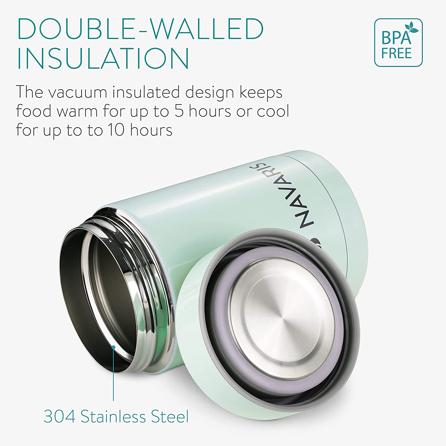Navaris Θερμός Φαγητού από Ανοξείδωτο Ατσάλι για Παιδιά - Mint Green - 53346.01