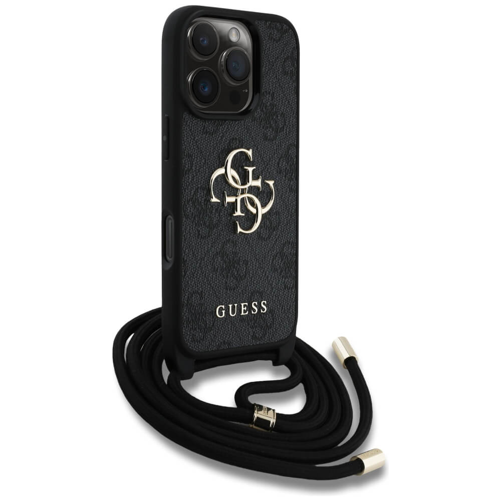 Guess iPhone 16 Pro - 4G Big Logo Cord Stap Crossbody - Θήκη με Επένδυση Συνθετικού Δέρματος και Λουράκι - Black - GUHCP16LP4GMGCRK