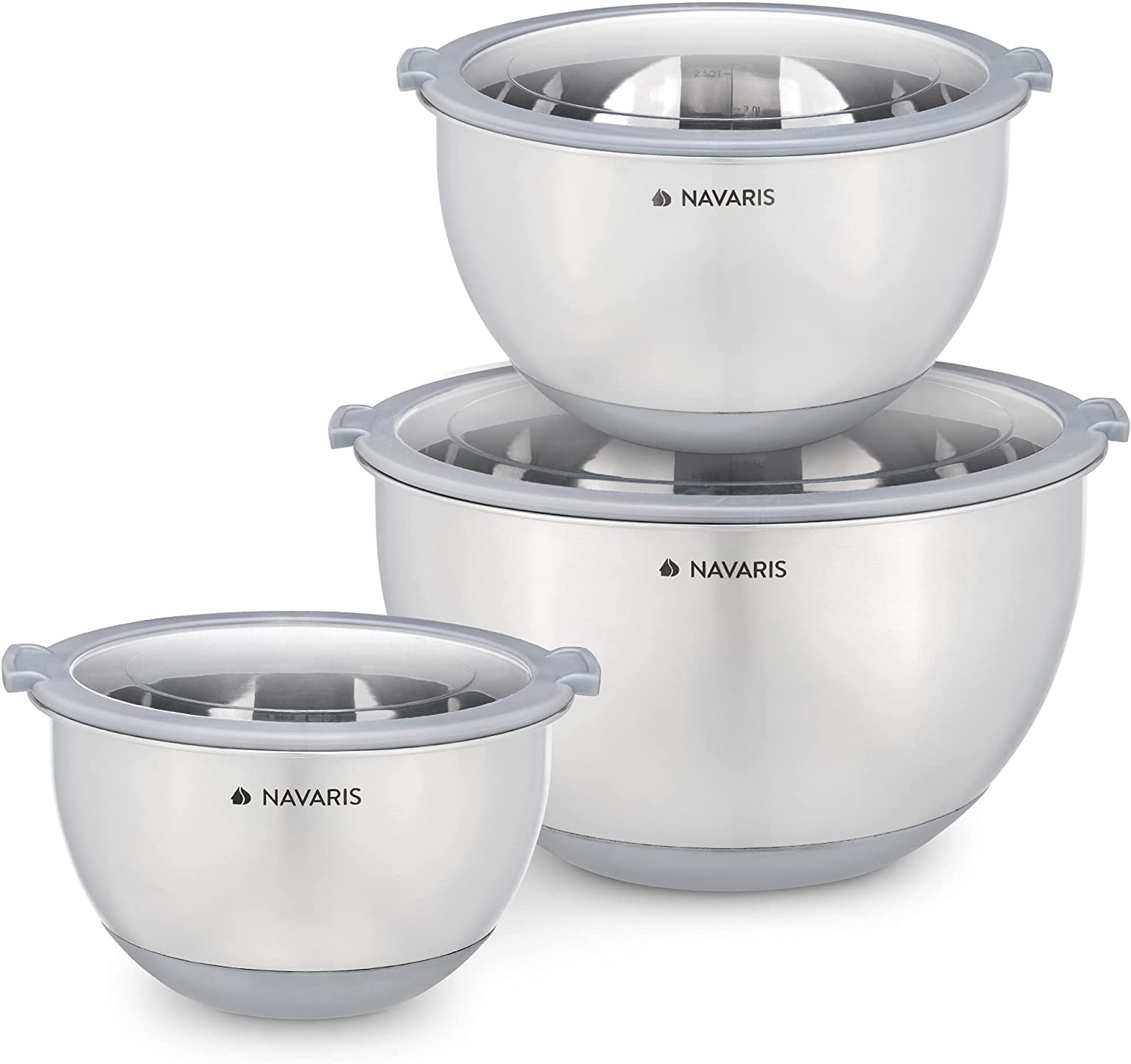 Navaris Stainless Steel Mixing Bowls Set of 3 Σετ με 3 Μεταλλικά Δοχεία Φαγητού - Grey - 49210.03.22