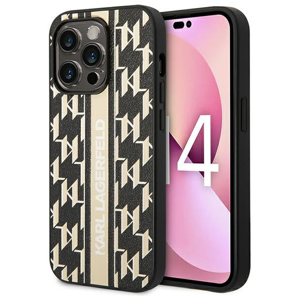 Karl Lagerfeld iPhone 14 Pro - Monogram Stripe Σκληρή Θήκη με Επένδυση Συνθετικού Δέρματος και Πλαίσιο Σιλικόνης - Brown - KLHCP14LPGKLSKW