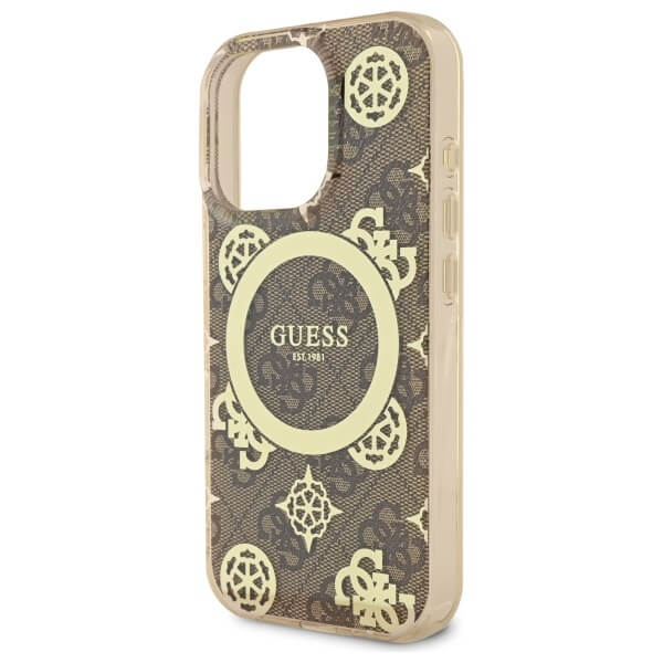Guess iPhone 16 Pro - IML Peony On 4G Background MagSafe - Θήκη με Επένδυση Συνθετικού Δέρματος - Brown - GUHMP16LH4PYEEW