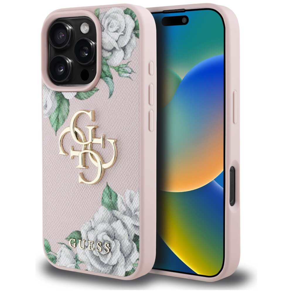 Guess iPhone 16 Pro - Grained Roses Big 4G Logo - Σκληρή Θήκη με Επένδυση από Οικολογικό Δέρμα - Pink - GUHCP16LPGROP4MP