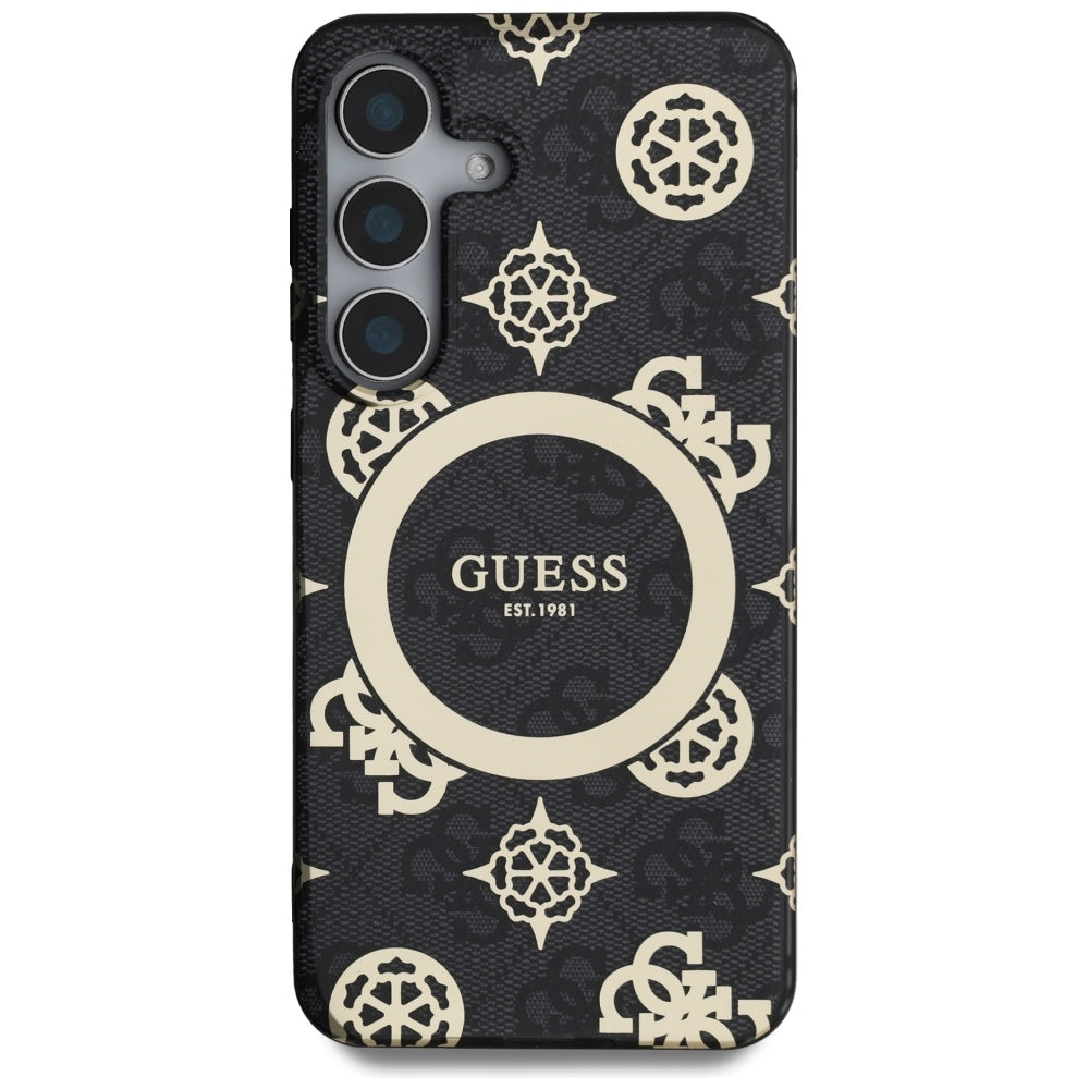 Guess Samsung Galaxy S25 - 4G Background Gold Electroplated Peony Pattern MagSafe - Σκληρή Θήκη με Πλαίσιο Σιλικόνης - Black - GUHMS25SH4PYEEK