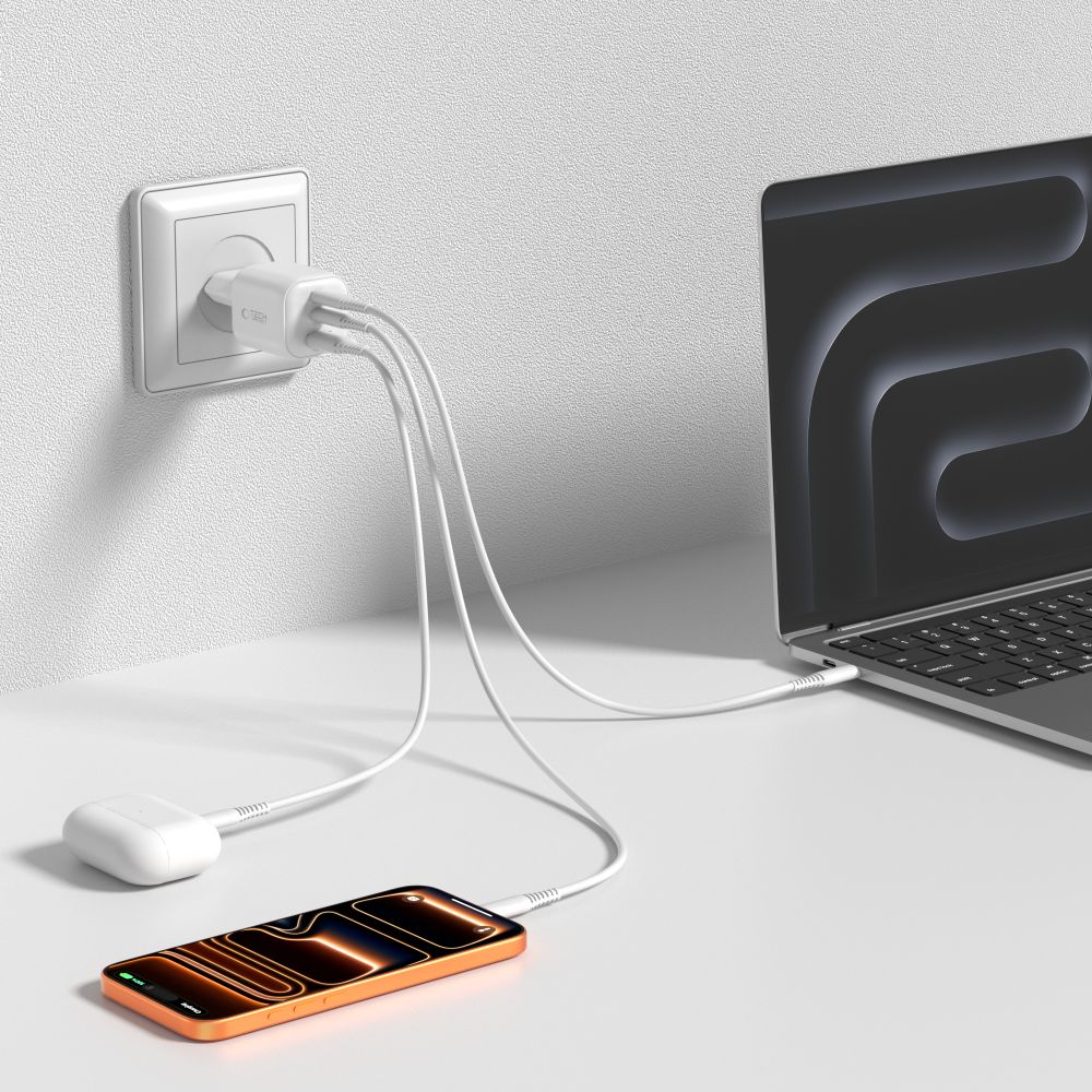 Tech-Protect Οικιακός Φορτιστής PD 3.2 με 1 Θύρα USB και 2 Θύρες Type-C 100W / QC3.0 - NCA100W-GaN - White