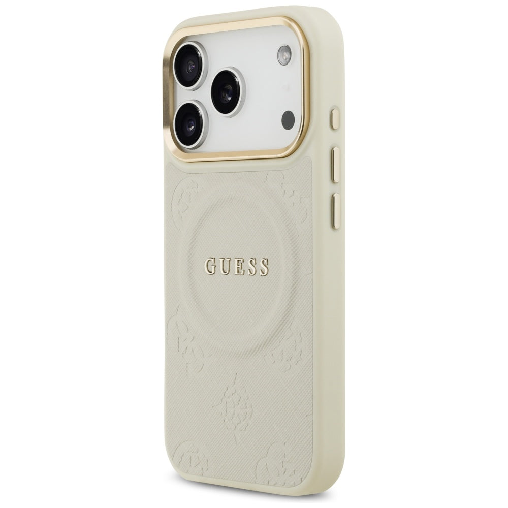 Guess iPhone 17 Pro - Peony Hot Stamp MagSafe - Σκληρή Θήκη με Επένδυση Συνθετικού Δέρματος - Beige - GUHMP17LPSAMSECE