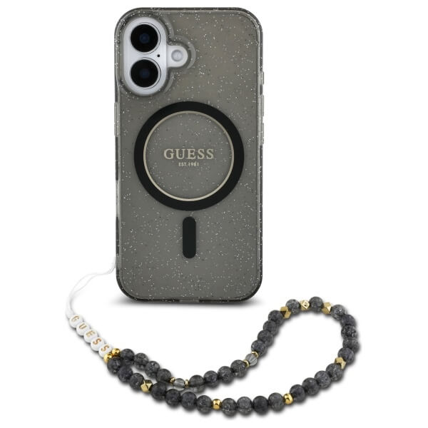 Guess iPhone 16 - IML Glitter With Pearl Strap MagSafe - Σκληρή Θήκη με Πλαίσιο Σιλικόνης και Λουράκι - Black - GUHMP16SHGCRELSK