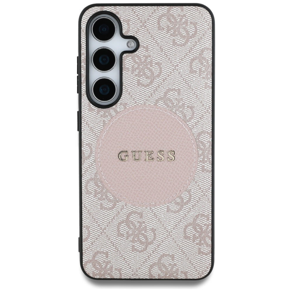 Guess Samsung Galaxy S25 - 4G Round Patch Classic Logo - Θήκη με Επένδυση Συνθετικού Δέρματος και MagSafe - Pink - GUHMS25SP4PGRSGP