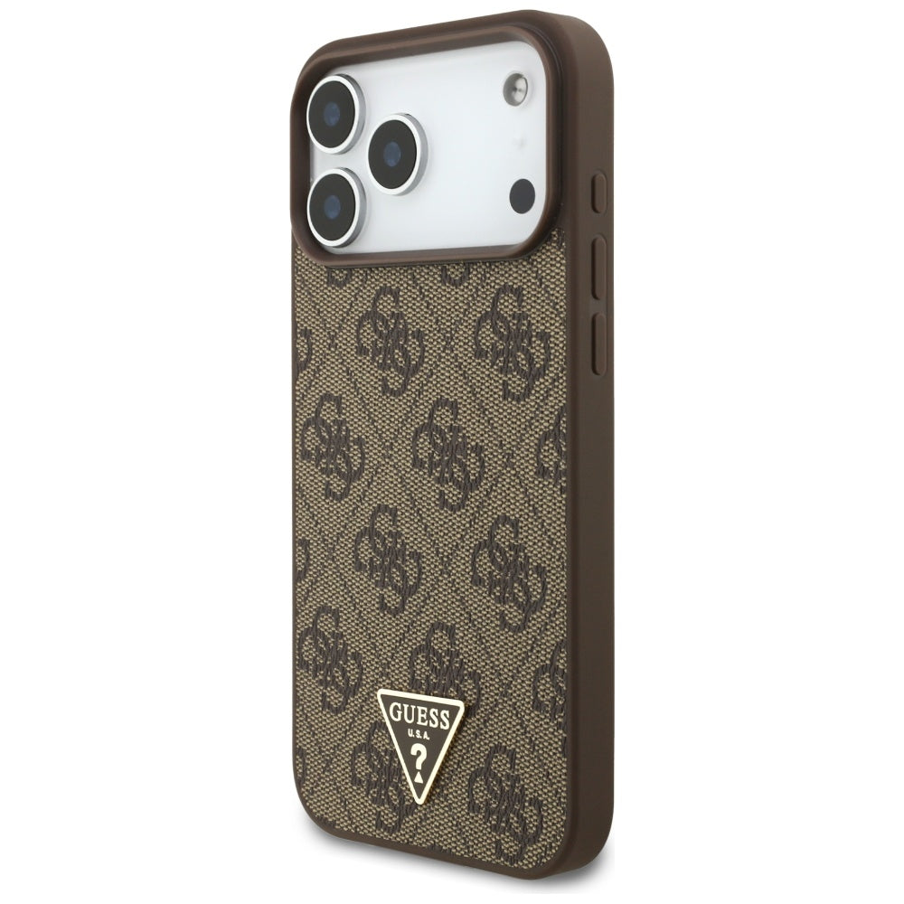 Guess iPhone 17 Pro Max - 4G Strap Triangle Logo MagSafe - Σκληρή Θήκη με Επένδυση Συνθετικού Δέρματος και Λουράκι - Brown - GUHMP17XP4TSDPPSW