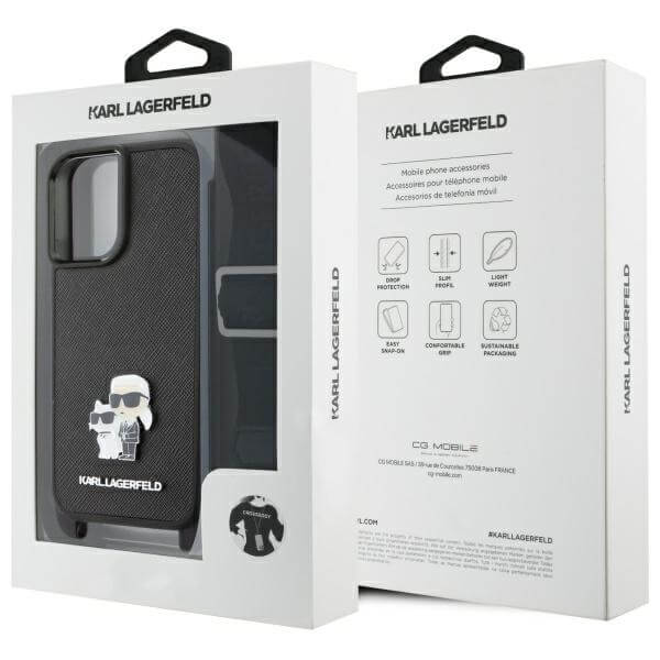 Karl Lagerfeld iPhone 16 - Saffiano Karl and Choupette Metal Pin CBDY Strap - Σκληρή Θήκη με Επένδυση Συνθετικού Δέρματος με Πλαίσιο Σιλικόνης και Λουράκι - Black - KLHCP16SSAKCPBK