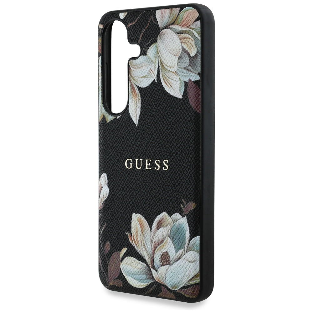 Guess Samsung Galaxy S25 - Grained Printed Flower Pattern - Θήκη με Επένδυση Συνθετικού Δέρματος και MagSafe - Black - GUHMS25SPGNMPLMK