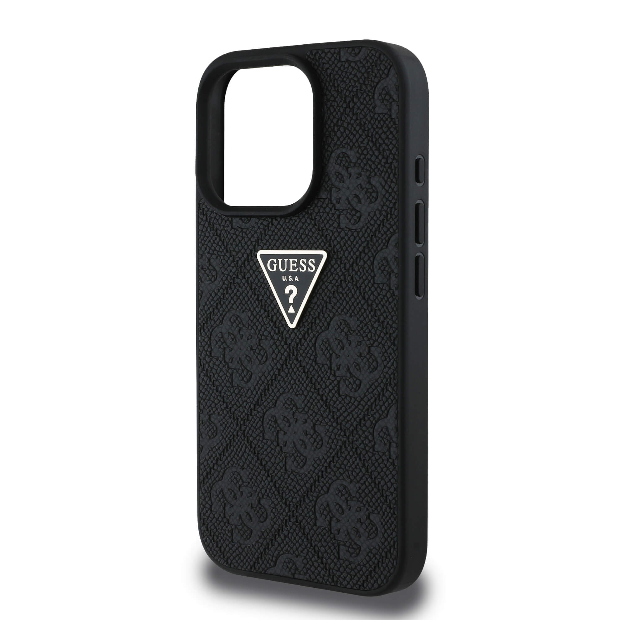 Guess iPhone 16 Pro - Hot Stamp 4G Pattern Triangle Metal Logo - Θήκη με Επένδυση Συνθετικού Δέρματος και Πλαίσιο Σιλικόνης - Black - GUHCP16LPGP4STRK