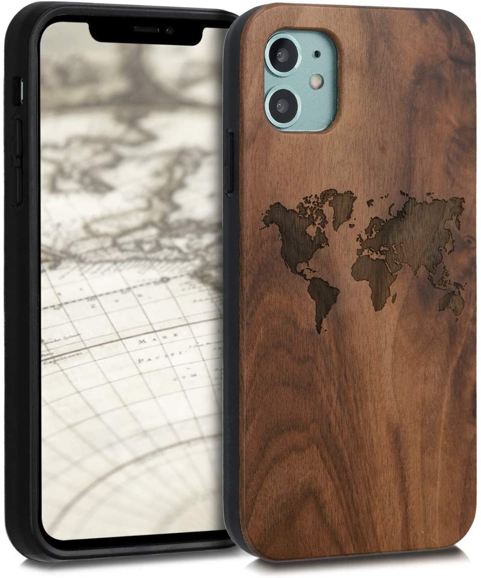 KW iPhone 11 Θήκη από Φυσικό Ξύλο Design Travel Outline - Dark Brown - 49799.03