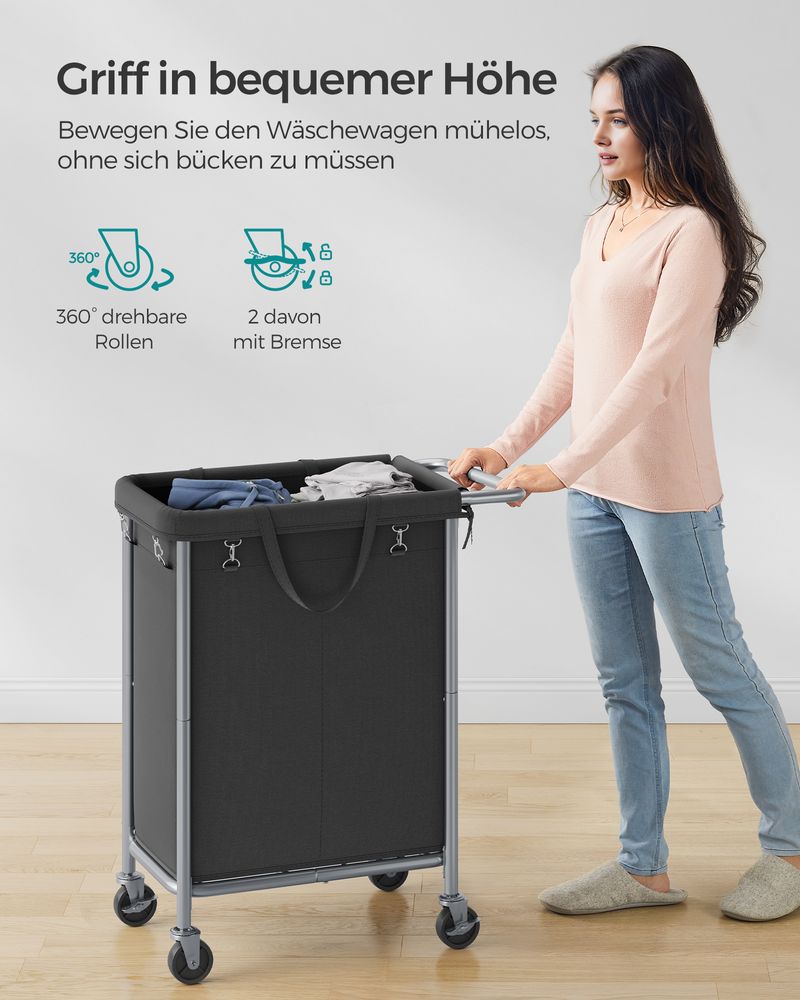 Songmics Τροχήλατο Καλάθι Απλύτων με 2 Χωρίσματα - 140L - Ink Black - RLS004B01