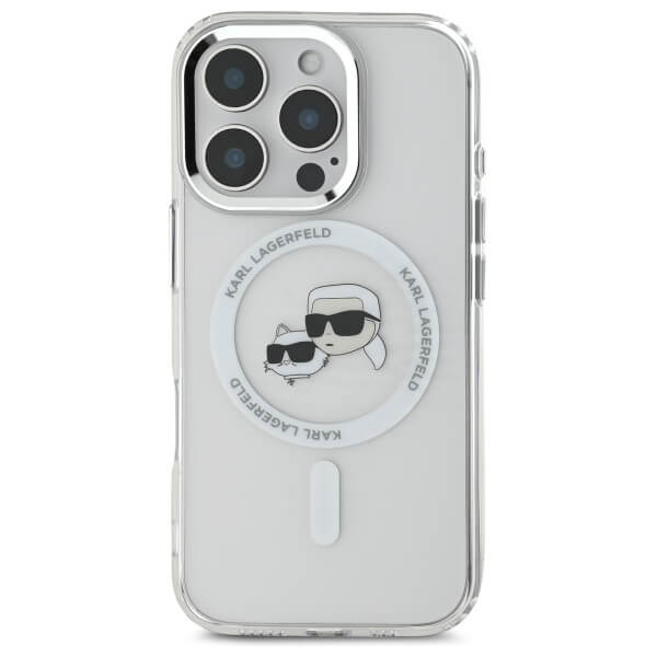 Karl Lagerfeld iPhone 16 Pro Max - IML Metal Karl and Choupette Head - Σκληρή Θήκη με Πλαίσιο Σιλικόνης και MagSafe - White - KLHMP16XHLSKCH