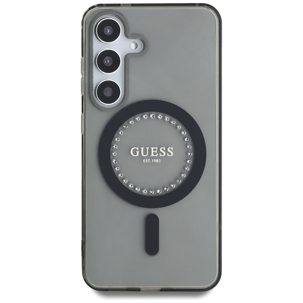 Guess Samsung Galaxy S25 - Rhinestones Printed Classic Logo - MagSafe Σκληρή Θήκη με Πλαίσιο Σιλικόνης - Black - GUHMS25SPFTDTEK