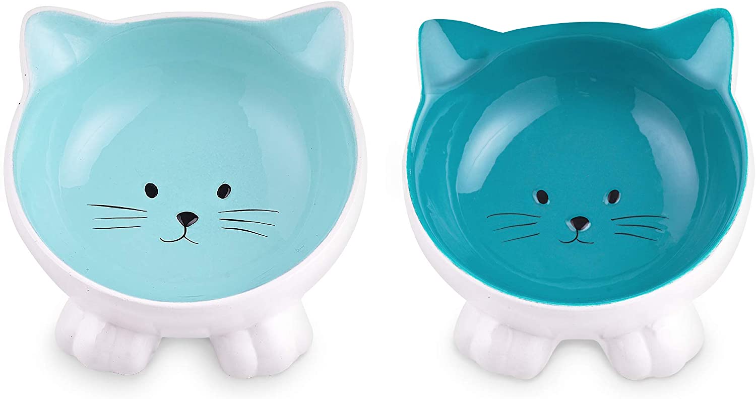 Navaris Cat Bowls with Ears Set of 2 - Σετ με 2 Μπολ Φαγητού και Νερού 130ml σε Σχήμα Γάτας - Blue / Light Blue - 50736.04