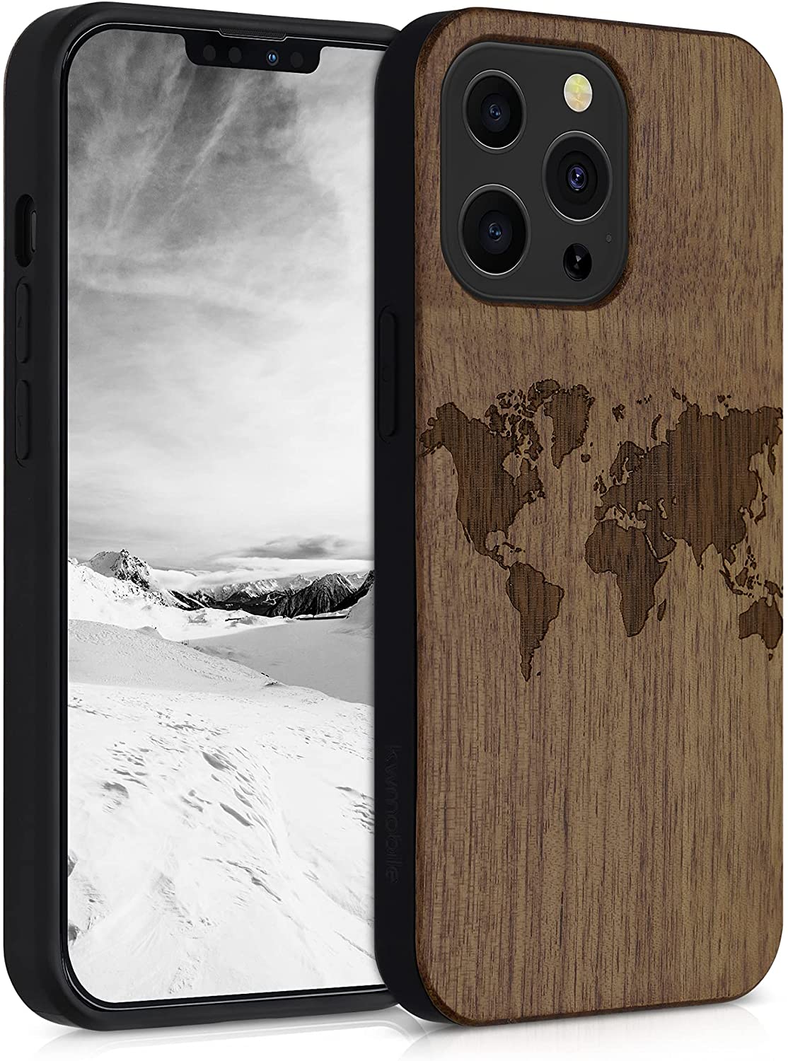 KW iPhone 13 Pro Θήκη από Φυσικό Ξύλο Design Travel Outline - Dark Brown - 55967.02