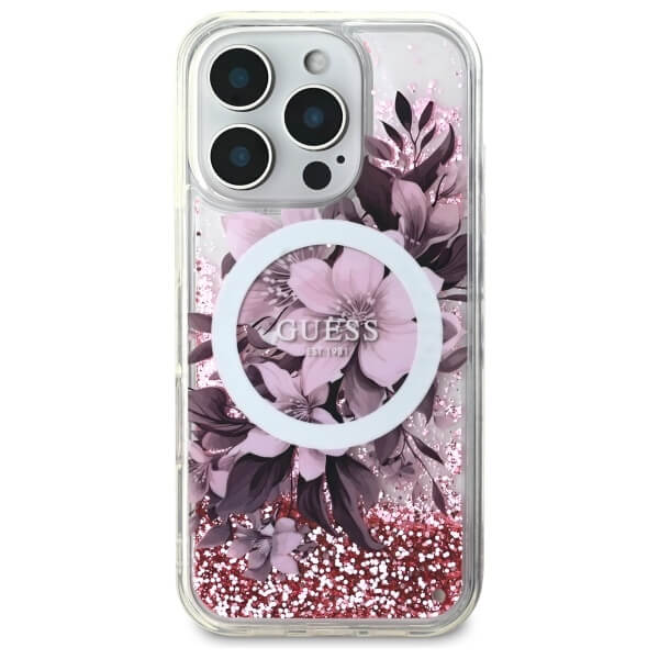 Guess iPhone 16 Pro - Liquid Glitter Flower MagSafe - Σκληρή Θήκη με Πλαίσιο Σιλικόνης - Διάφανη - GUHMP16LLFMWTP
